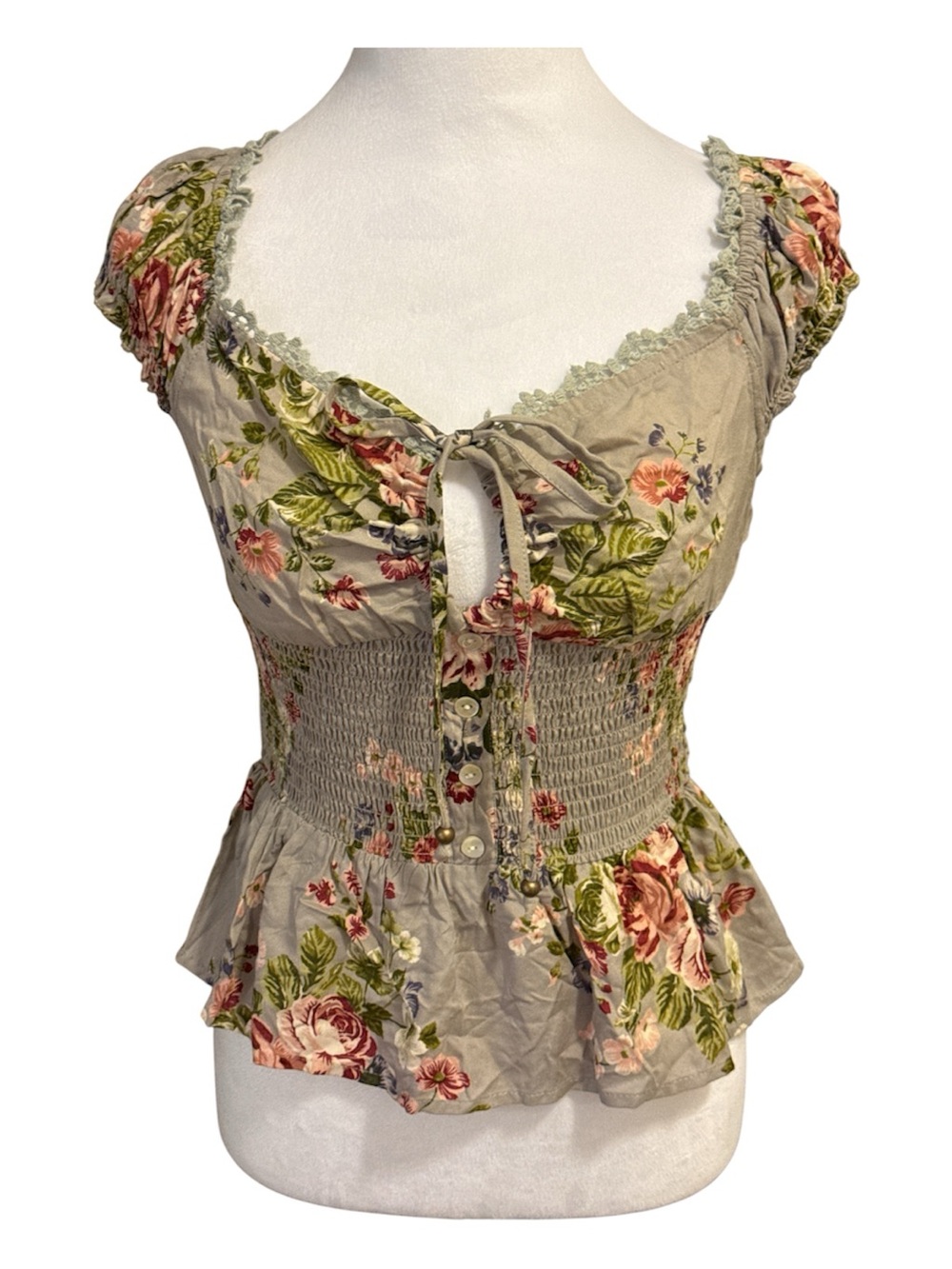 Cottagecore Floral Smocked Milkmaid Peplum Taupe Blouse